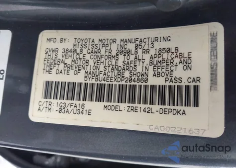 2013 Toyota Corolla L from USA, damaged, VIN 5YFBU4EEXDP204860